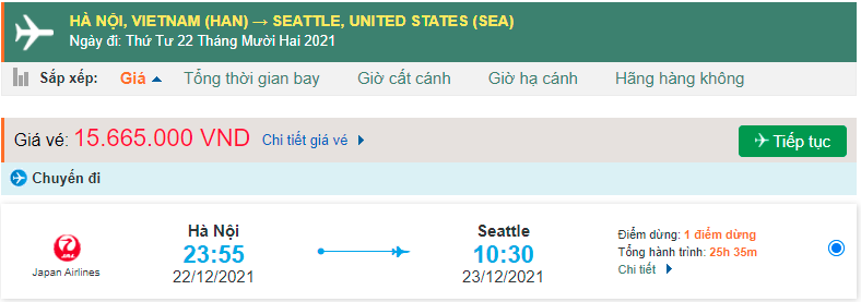 Giá vé máy bay đi Seattle Japan Airlines