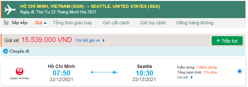 Giá vé máy bay từ Hồ Chí Minh đi Seattle