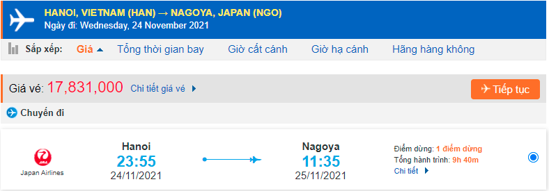 Giá vé máy bay đi Nagoya Japan Airlines