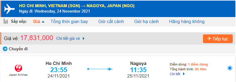 Giá vé máy bay từ Hồ Chí Minh đi Nagoya
