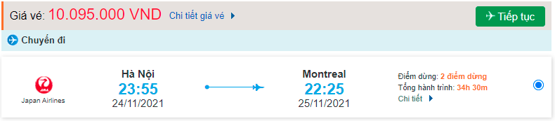 Giá vé máy bay đi Montreal Japan Airlines