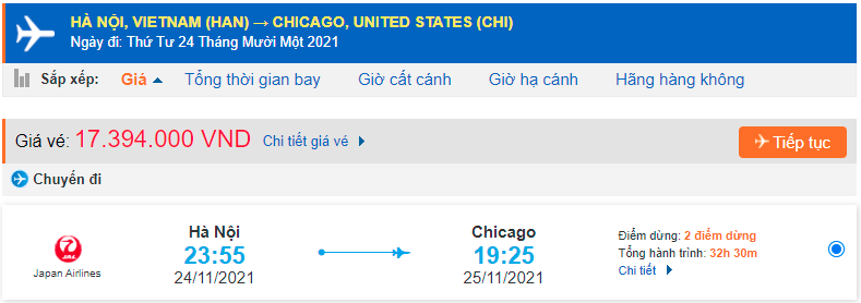 Giá vé máy bay đi Chicago Japan Airlines